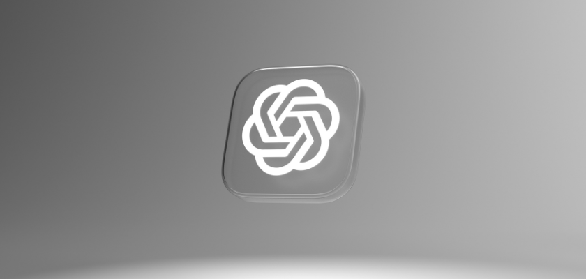 ChatGPT-Logo auf einer schwebenden, transparenten Kachel vor grauem Hintergrund.