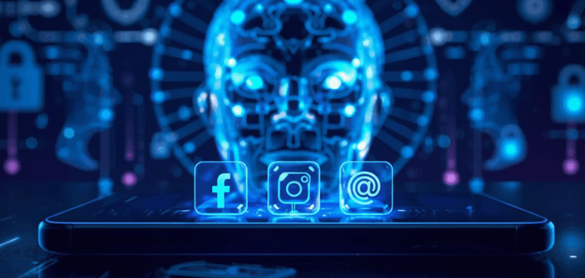 Futuristische KI-Grafik mit leuchtendem Roboterkopf über einem Smartphone. Davor sind die Logos von Facebook, Instagram und Threads zu sehen