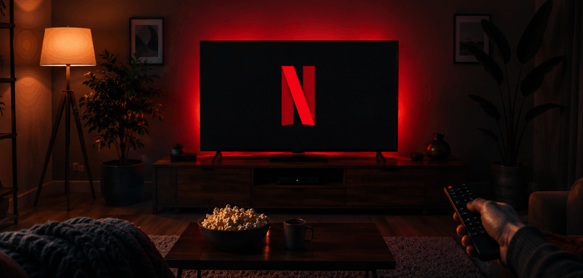 Netflix auf einem großen Fernseher in einem gemütlichen Wohnzimmer. Eine Person schaut Streaming-Inhalte auf dem Sofa, während stimmungsvolle Beleuchtung für Heimkino-Atmosphäre sorgt.