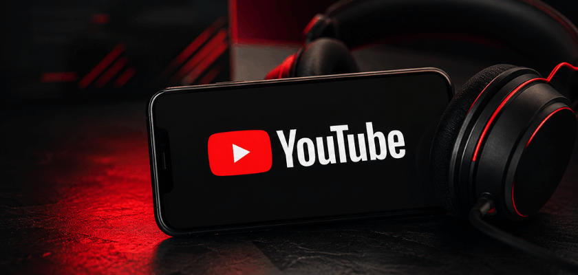 YouTube auf einem Smartphone neben Gaming-Kopfhörern in einem schwarz-roten Setup. Symbolbild für YouTube Premium, YouTube Music und Streaming-Abonnements.