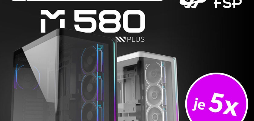 FSP M580 Plus PC-Gehäuse in Schwarz und Weiß mit RGB-Beleuchtung. Das Gehäuse verfügt über eine Glas-Seitenwand und bietet Platz für mehrere Lüfter. Rechts unten weist ein Hinweis auf je fünf Testprodukte hin.