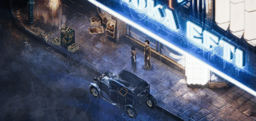 Spielszene aus „Eine Nacht im Moka Efti“ mit dem beleuchteten Eingang des Moka Efti bei Nacht, einem Oldtimer auf der Straße und zwei Figuren vor dem Gebäude im verregneten Berlin der Weimarer Republik.