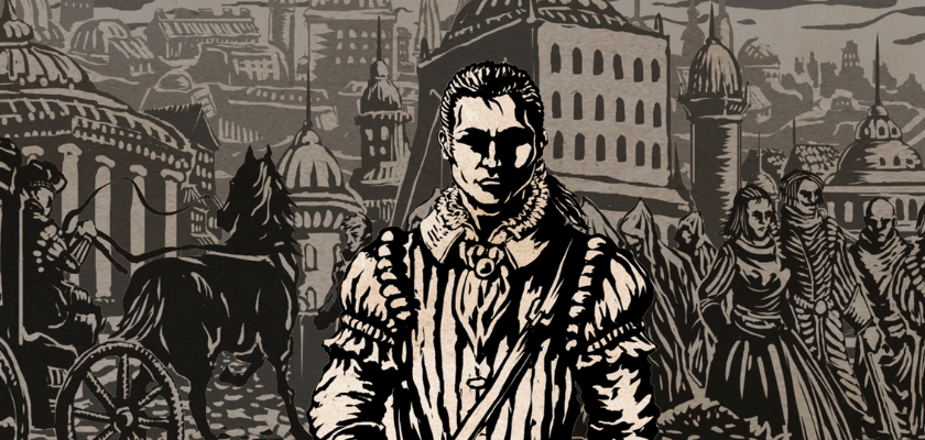 Der Protagonist aus The Life and Suffering of Sir Brante steht vor einer mittelalterlichen Stadt mit Menschen und Kutschen im Hintergrund.