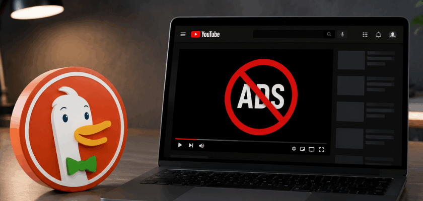 Laptop mit geöffneter YouTube-Webseite und einem Symbol für blockierte Werbung auf dem Bildschirm. Daneben steht das DuckDuckGo-Logo auf einem Schreibtisch in einer modernen, dunklen Büroumgebung.