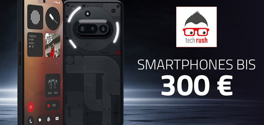 Das Bild zeigt ein Titelmotiv zum Thema Smartphones bis 300 Euro 2026. Links ist ein schwarzes Smartphone von vorne und hinten zu sehen, rechts stehen das techrush-Logo und der Schriftzug „Smartphones bis 300 €“ vor einem dunklen Hintergrund.